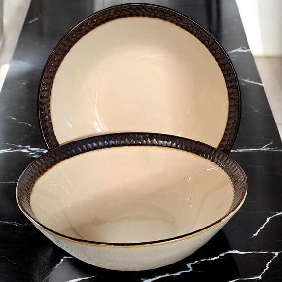 Set  of 2  Crate & Barrel Scavo Serving Soup Bowl 7 3/4 Inches Round Beige Brown - Picture 1 of 15